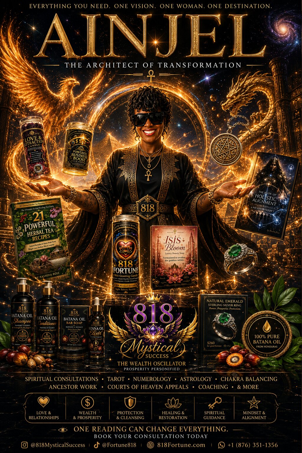 Rashida Ainjel Rose, architect of transformation, with her books and products