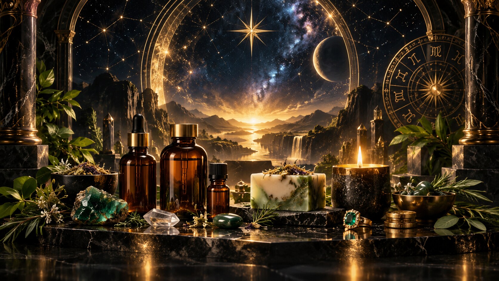 A celestial golden portal above an elegant display of botanical oils, artisan soap, candle, gemstones and jewellery