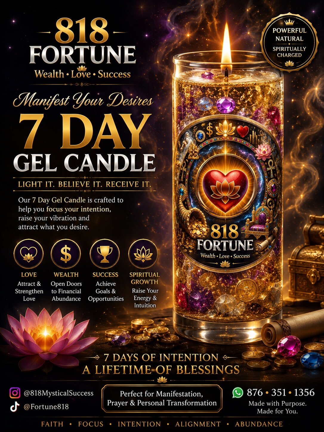 818 Fortune Manifest Your Desires seven-day gel candle for love, wealth, success and spiritual growth