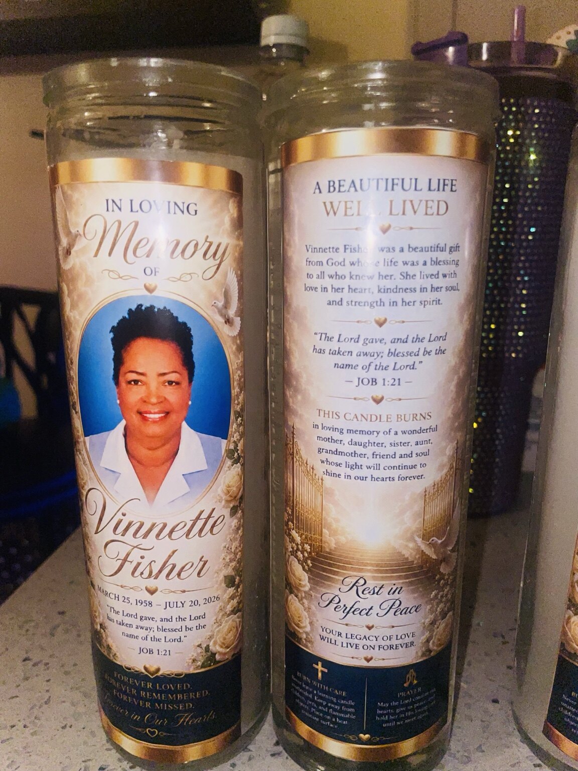 Example of a personalized memorial candle created to honour a loved one