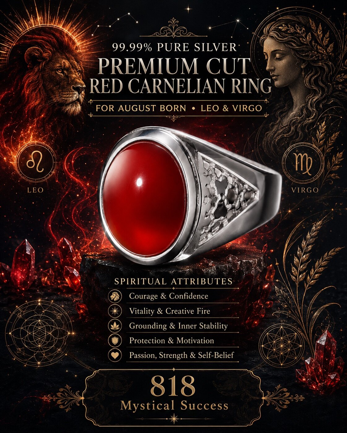 Premium cut red carnelian ring in silver